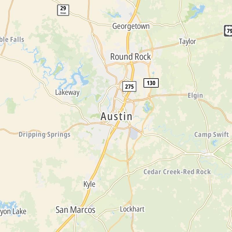 Static map of the Austin - Round Rock area.