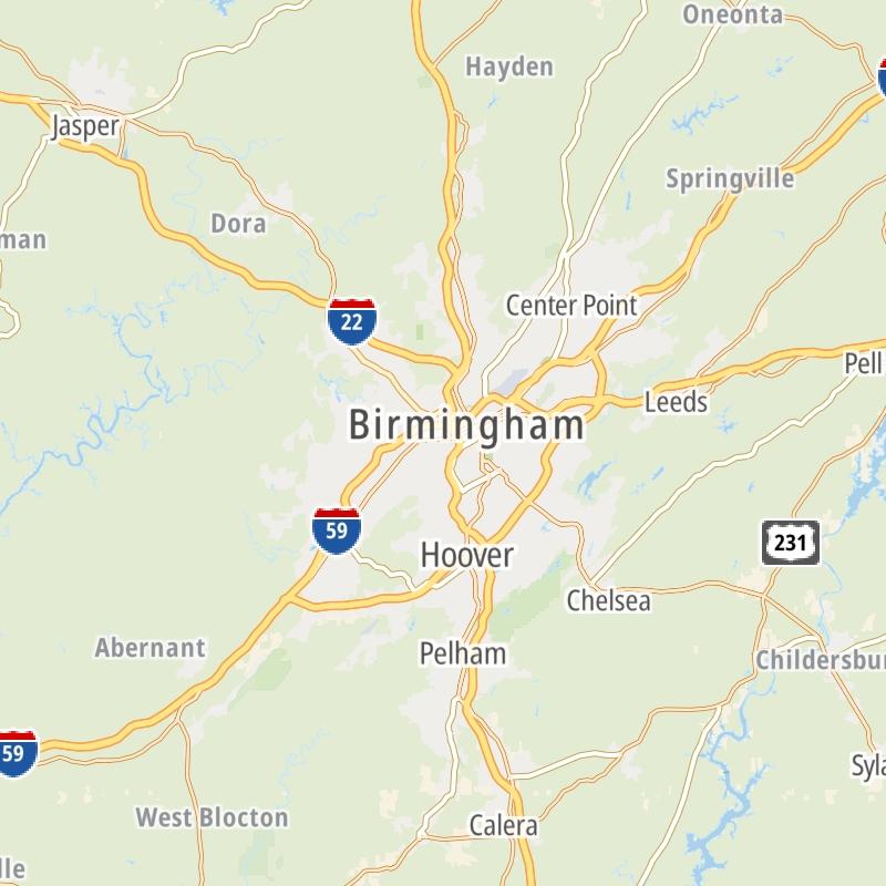 Static map of the Birmingham - Central Alabama area.