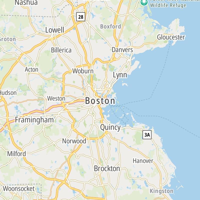 Static map of the Boston area.