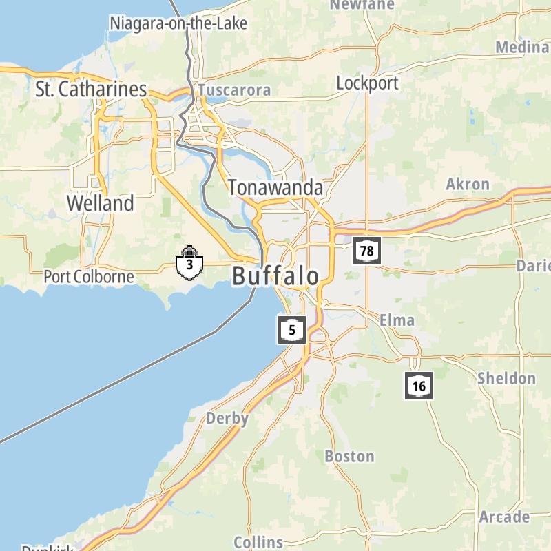 Static map of the Buffalo - Rochester - Niagara Falls area.