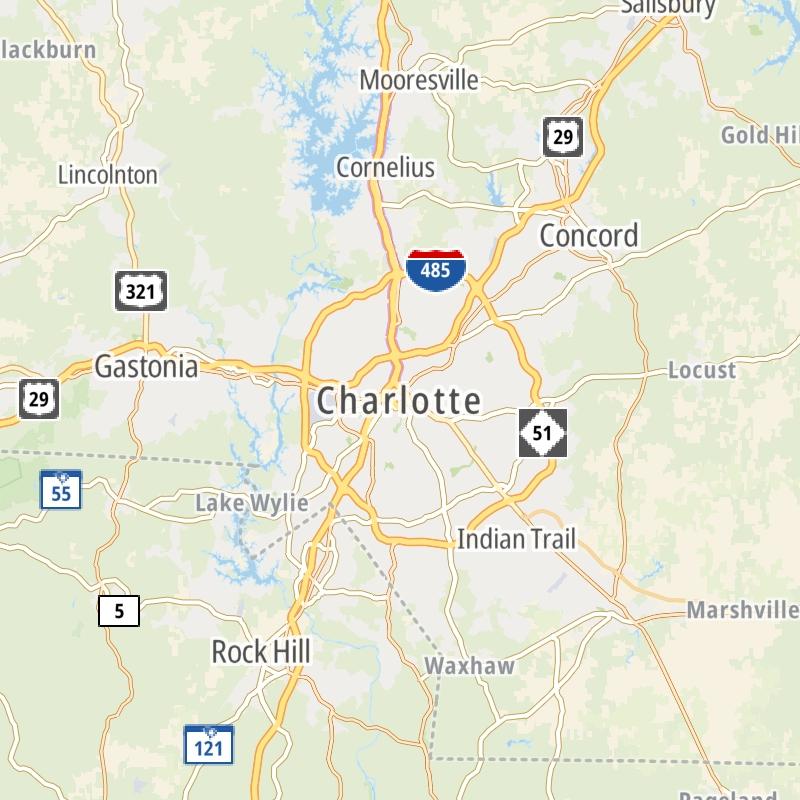 Static map of the Charlotte area.