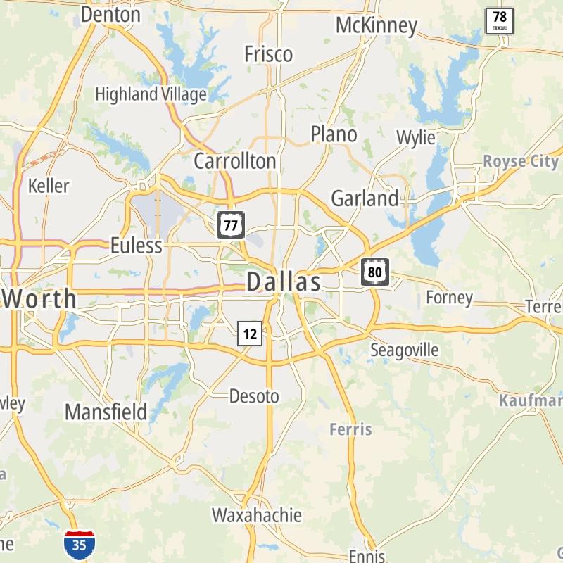 Static map of the Dallas - Fort Worth area.