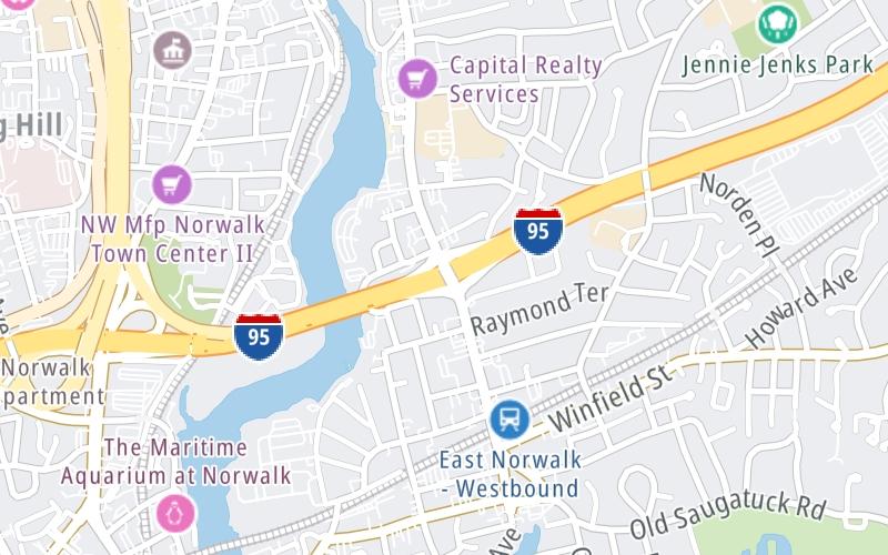 Static map of Connecticut Turnpike at East Avenue