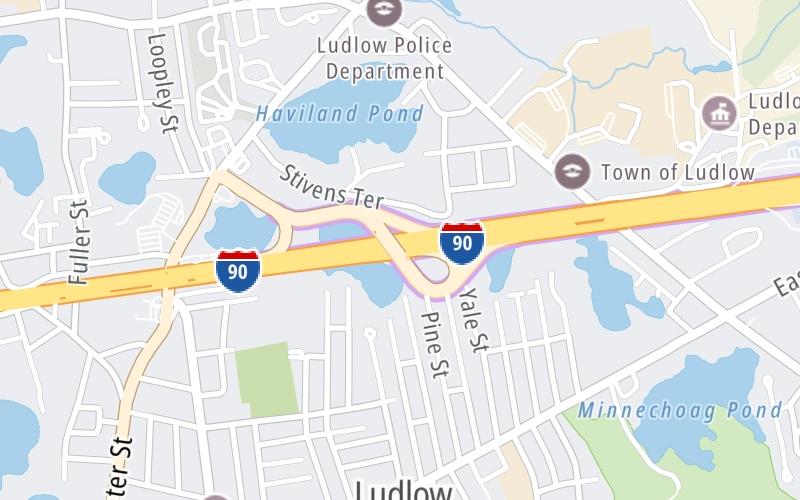 Static map of Massachusetts Turnpike at Route 21