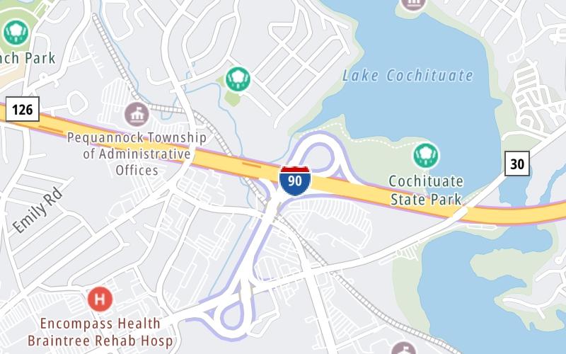 Static map of Massachusetts Turnpike at Route 30