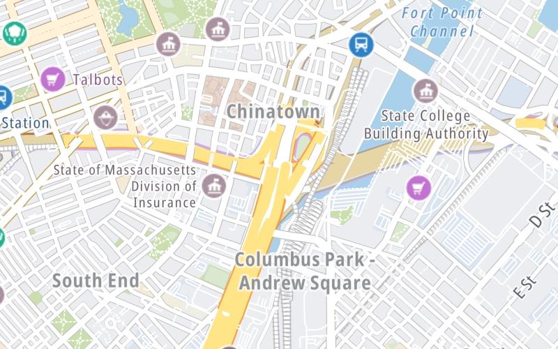 Static map of Massachusetts Turnpike at EB I–90 To South Station