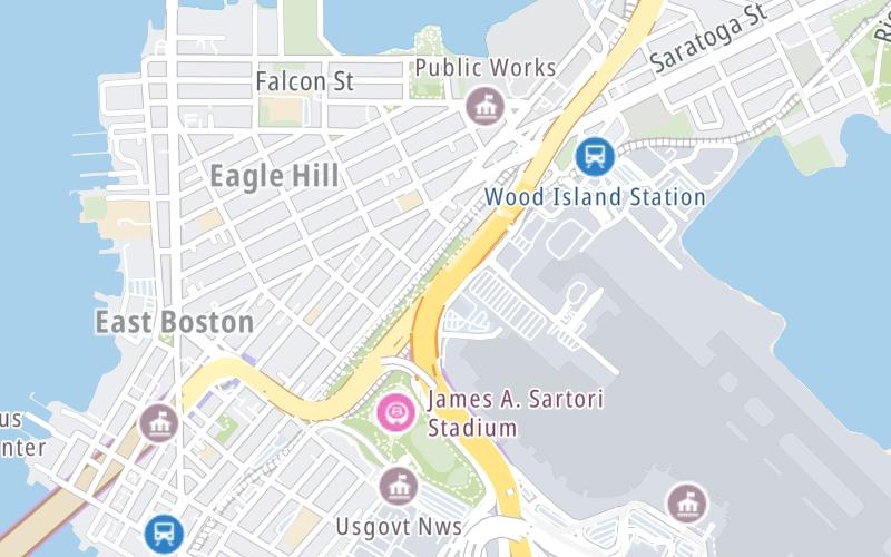 Static map of Massachusetts Turnpike at Route 1A / East Terminus of I–90