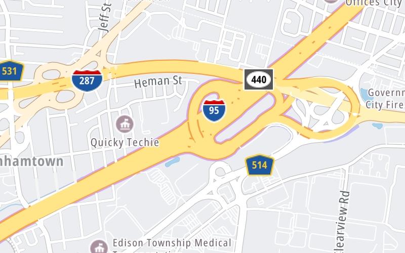 Static map of New Jersey Turnpike at I–287 / NJ 440/Outerbridge Crossing