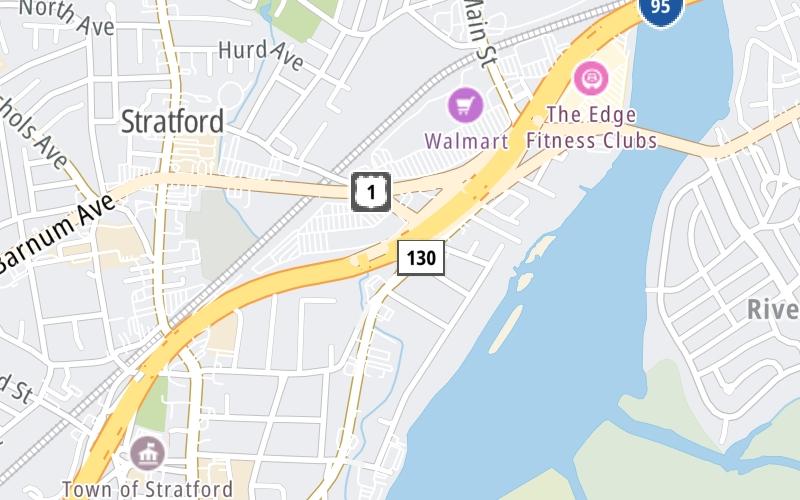 Static map of Connecticut Turnpike at US 1 / CT 110 / Ferry Blvd