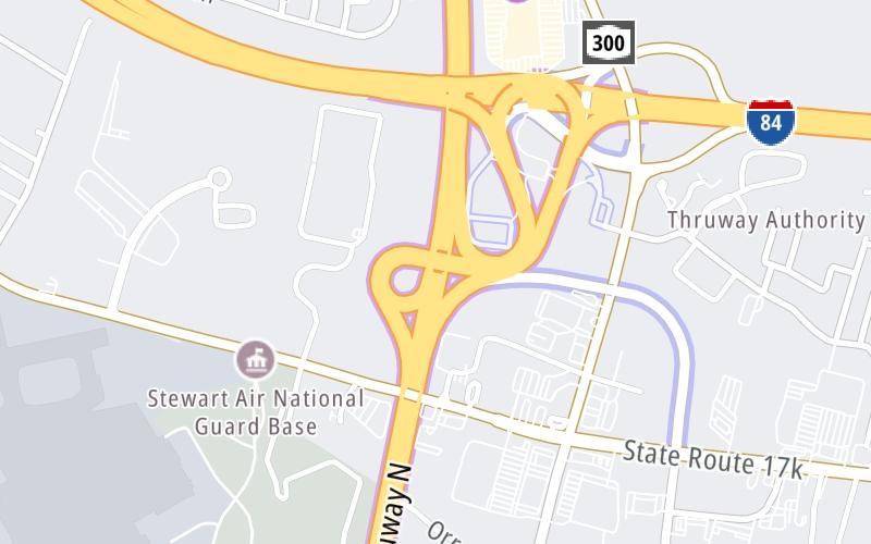 Static map of New York State Thruway at Stewart Int'l Airport/SWF / I–84 / NY Route 17K & 300