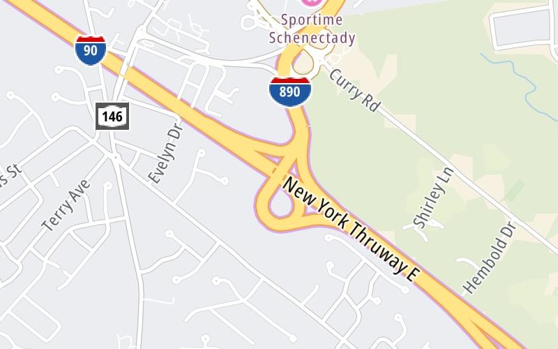 Static map of New York State Thruway at I–890 / NY Route 7 / NY Route 146