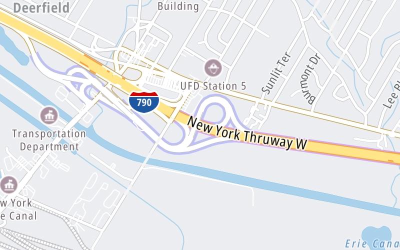 Static map of New York State Thruway at I–790 / NY Route 8 / NY Route 12