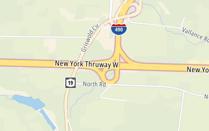 Static map of New York State Thruway at I–490 / NY Route 19