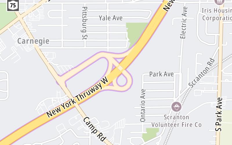 Static map of New York State Thruway at NY Route 75