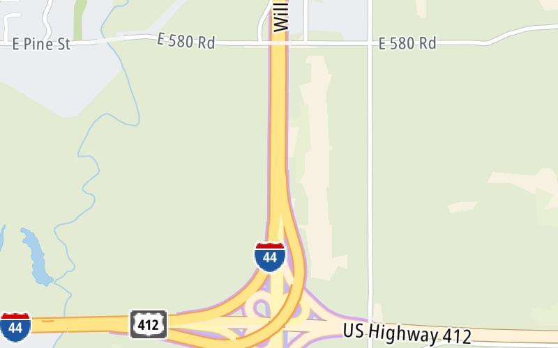 Static map of Creek Turnpike at Will Rogers Turnpike/I–44 East