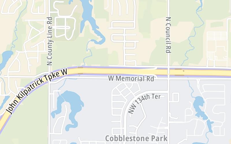 Static map of John Kilpatrick Turnpike at Council Road via Memorial Road