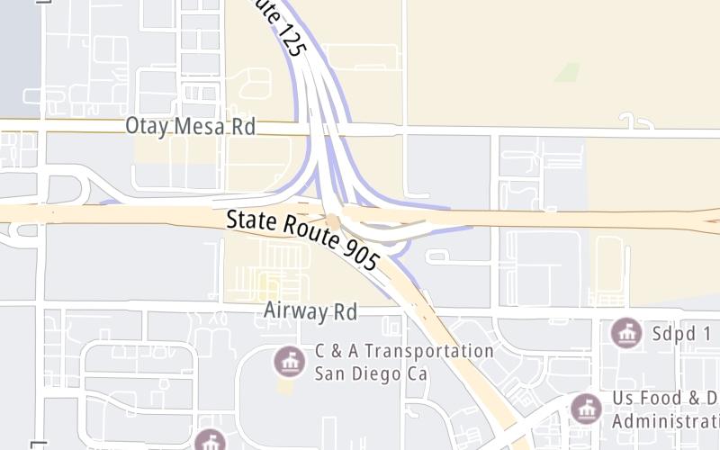 Static map of South Bay Expressway at Otay Mesa Fwy/CA 905 / to Tijuana, Mexico