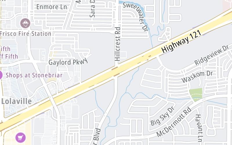 Static map of Sam Rayburn Tollway at Hillcrest Road/Rasor Boulevard