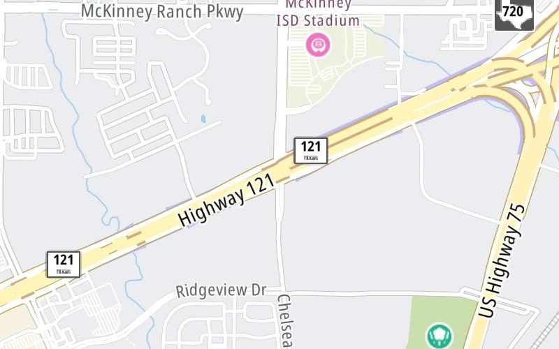 Static map of Sam Rayburn Tollway at Hardin Boulevard/Chelsea Blvd