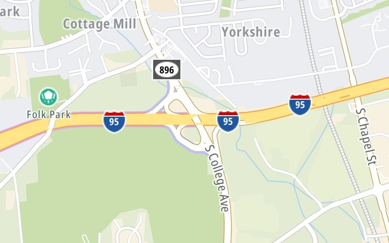 Static map of Delaware Turnpike at SR 896 / S College Ave