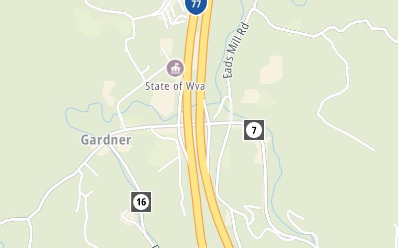 Static map of West Virginia Turnpike at CR 7/Mercer Springs Road/Athens Rd