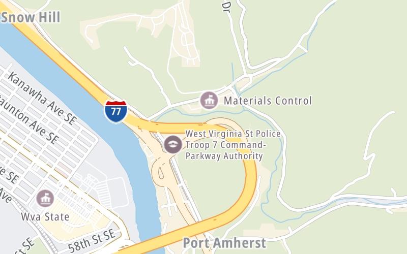 Static map of West Virginia Turnpike at US 60/Kanawha Boulevard