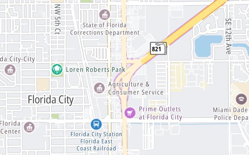 Static map of Floridas Turnpike at US 1 to Florida Keys / HEFT