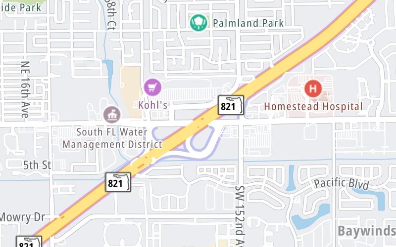 Static map of Floridas Turnpike at SW 312th St / HEFT