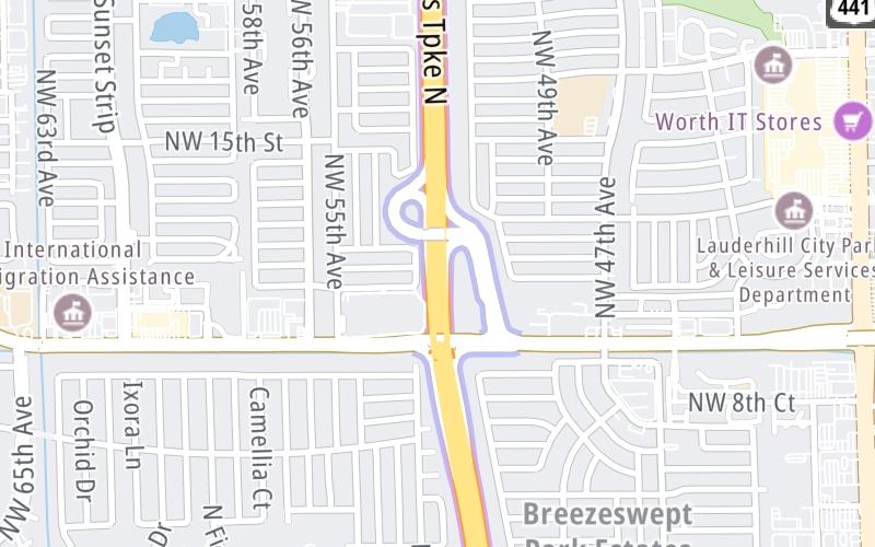 Static map of Floridas Turnpike at Sunrise Boulevard