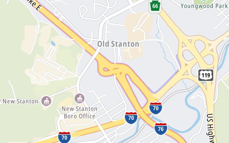 Static map of Pennsylvania Turnpike at I–70 / PA 66 / US 119