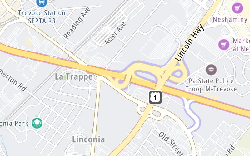 Static map of Pennsylvania Turnpike at US 1 / Lincoln Highway