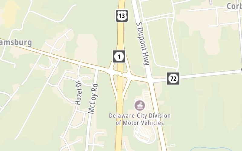 Static map of State Route 1 at SR 72 / SR 7 / US 13