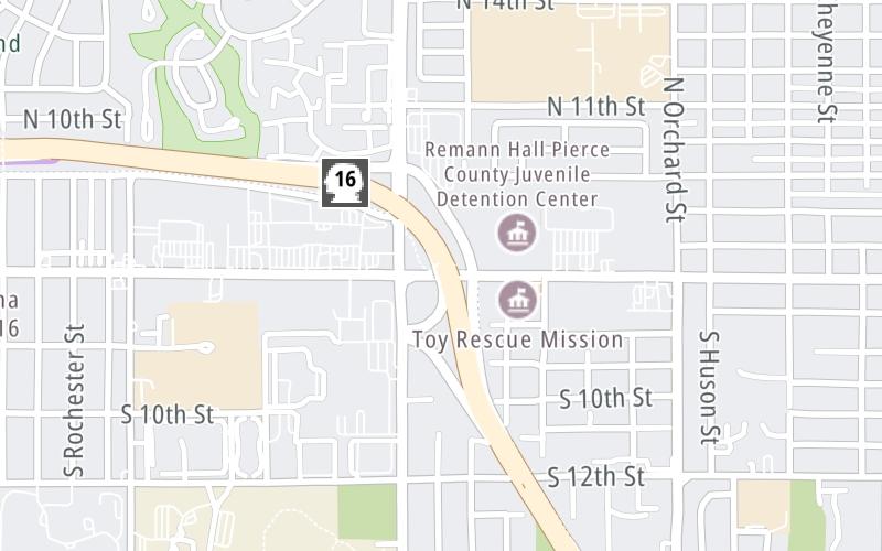 Static map of Tacoma Narrows Bridge at Pearl Street / 6th Avenue