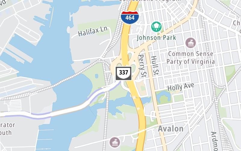 Static map of South Norfolk Jordan Bridge at Poindexter Street / I–464