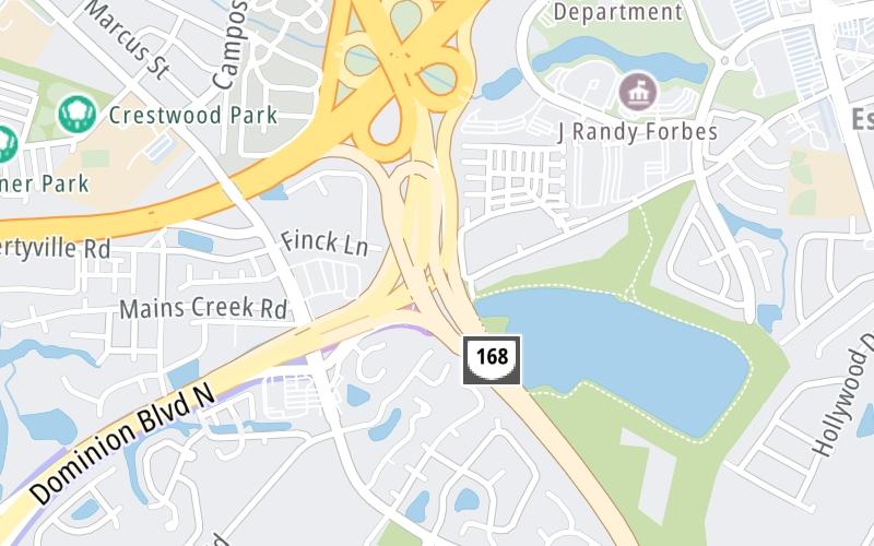 Static map of Chesapeake Expressway at US 17/Dominion Blvd / I–64 East