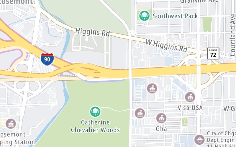 Static map of Jane Addams Memorial Tollway at O'Hare / I–90 WB to I–190 WB / I–294 SB