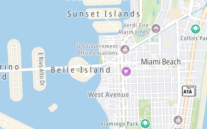 Static map of Venetian Causeway at Sunset Harbor Drive / Maurice Gibb Mem. Park