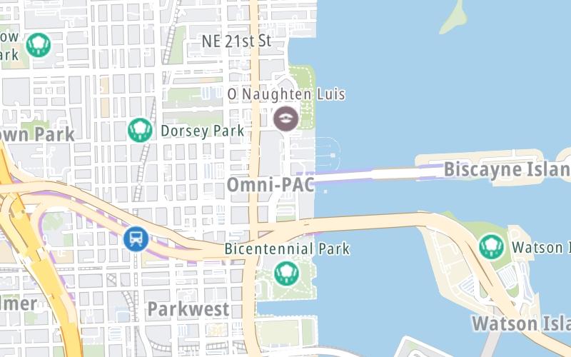 Static map of Venetian Causeway at Bayshore Drive / Metrorail Omni Station