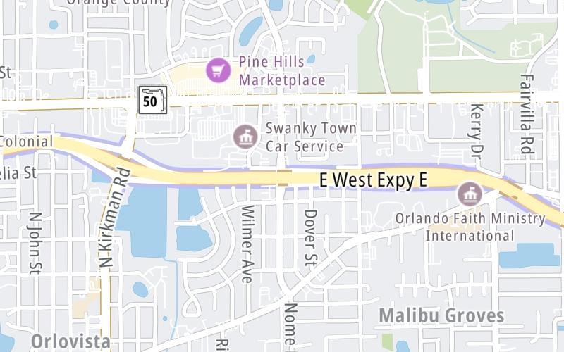 Static map of East West Expressway at Pine Hills Road