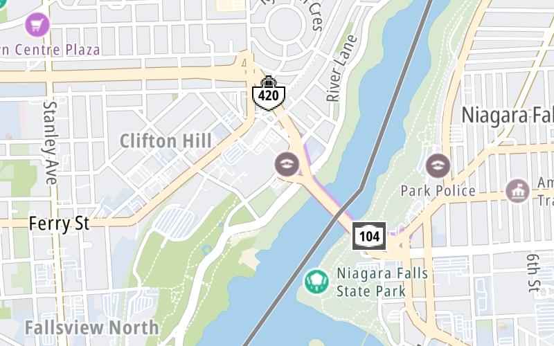 Static map of Rainbow Bridge at Ontario Hwy 420 / Bender Street