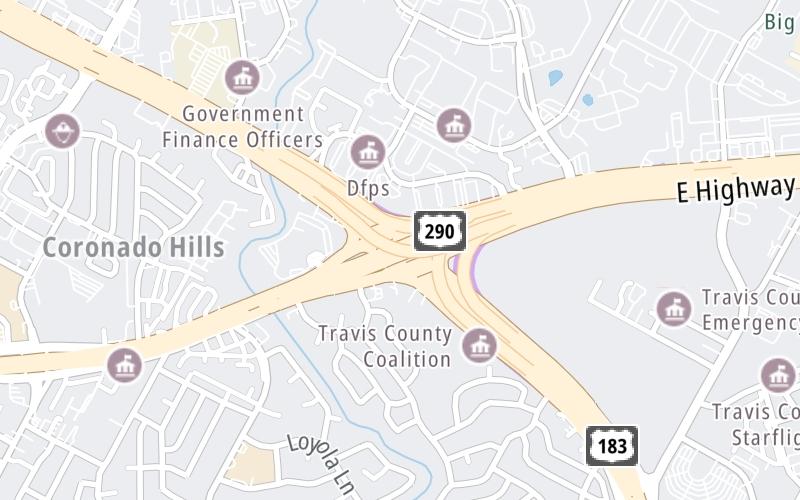 Static map of 290 Toll Road at U.S. Hwy 183 / 183 Toll