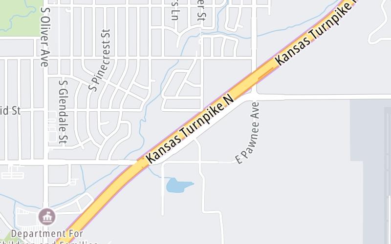 Static map of Kansas Turnpike at Wichita US54-400 Kellogg/K-15 Zone Gantry