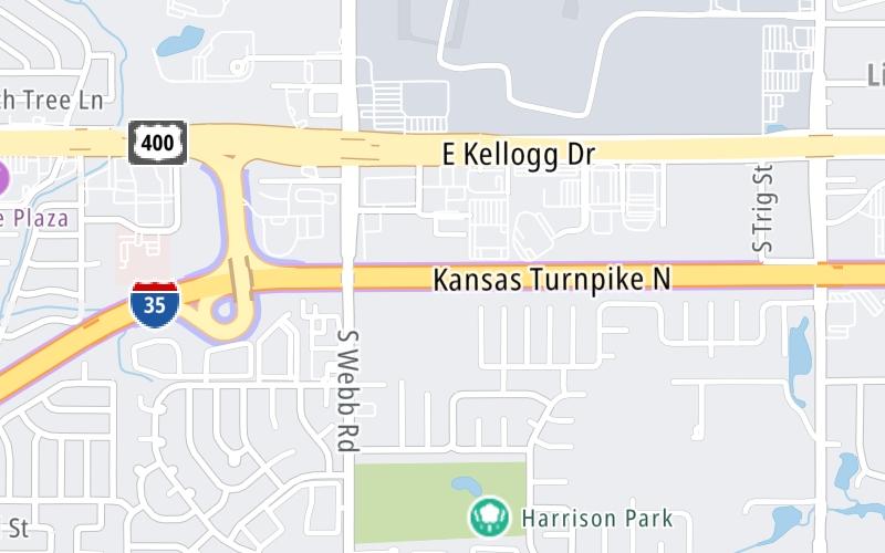 Static map of Kansas Turnpike at Wichita K-96/US-54 Kellogg Zone Gantry