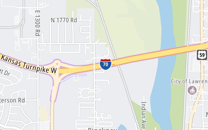 Static map of Kansas Turnpike at Lawrence US-59/K-10 Zone Gantry