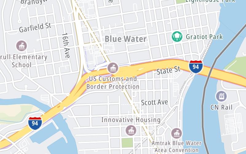 Static map of Blue Water Bridge at US Bridge Toll Plaza