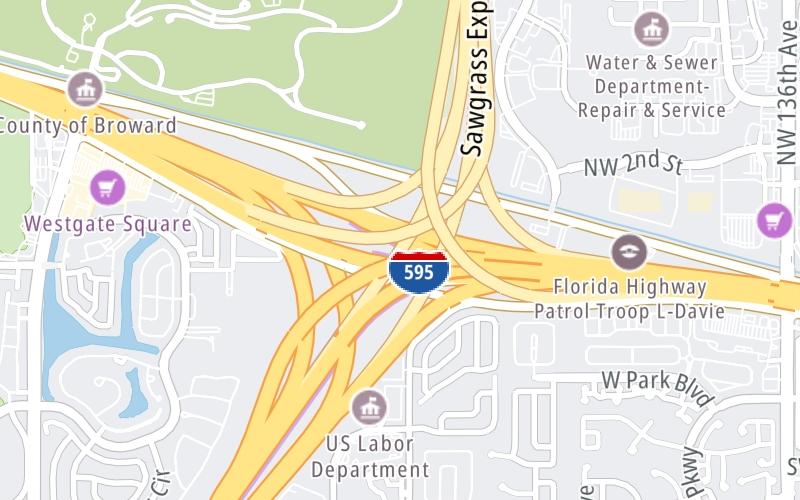 Static map of Sawgrass Expressway at I–595 / I–75