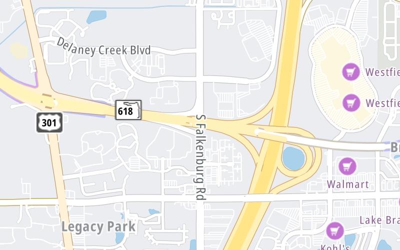 Static map of Selmon Expressway at Falkenburg Road