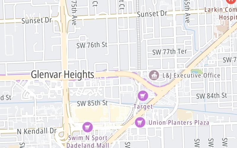 Static map of Snapper Creek Expressway at SW 72nd Avenue