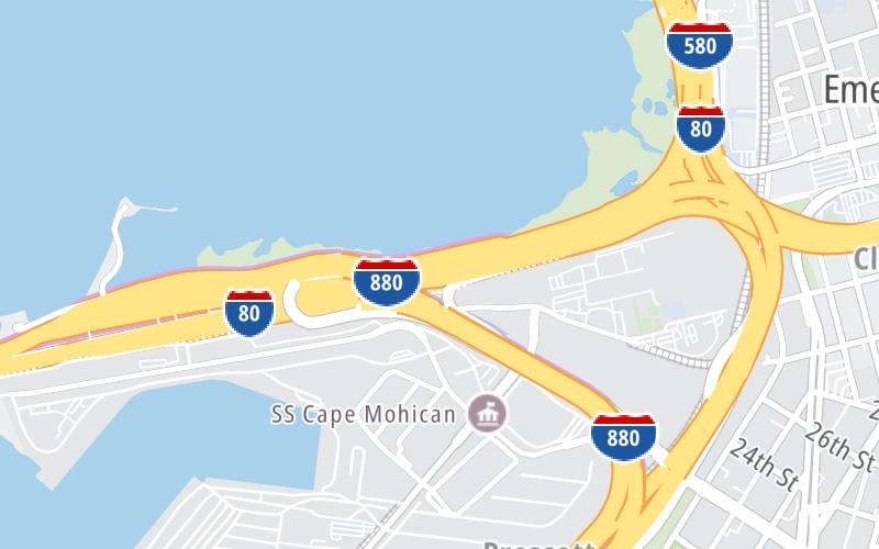 Static map of San Francisco Oakland Bay Bridge at I–80 / I–580 Interchange