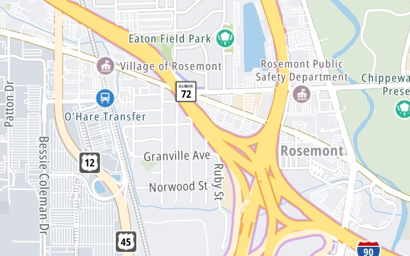 Static map of Jane Addams Memorial Tollway at O'Hare / I–90 EB to I–190 WB / I–294 SB